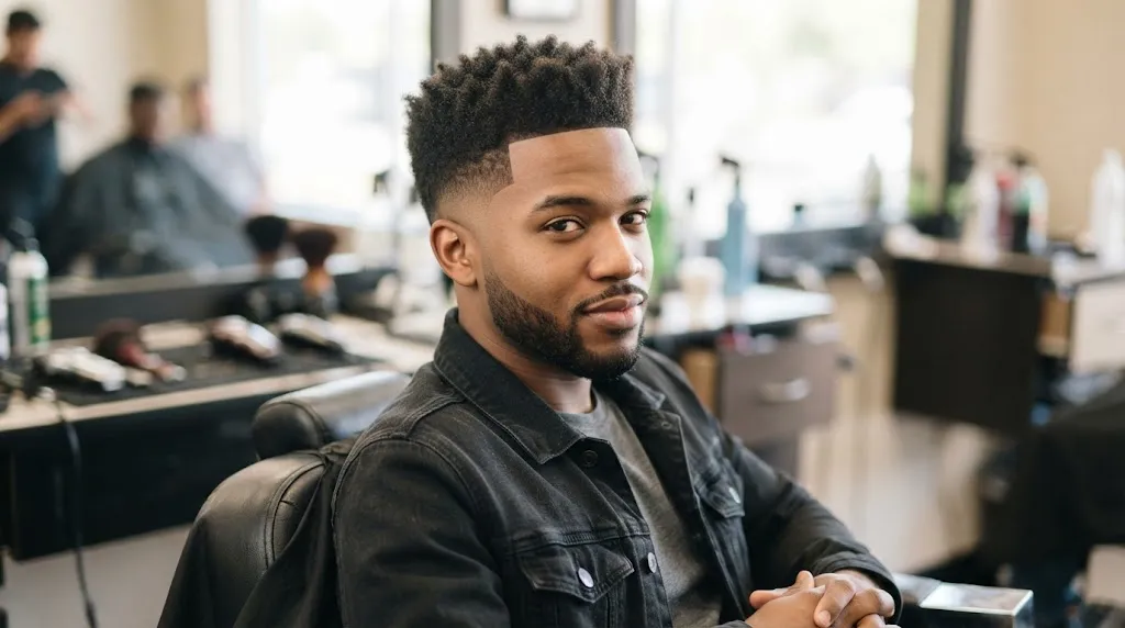 A sharp Low Box Fade haircut on a Black man with textured, coily hair styled on top and a clean fade on the sides, seated in a modern barbershop.