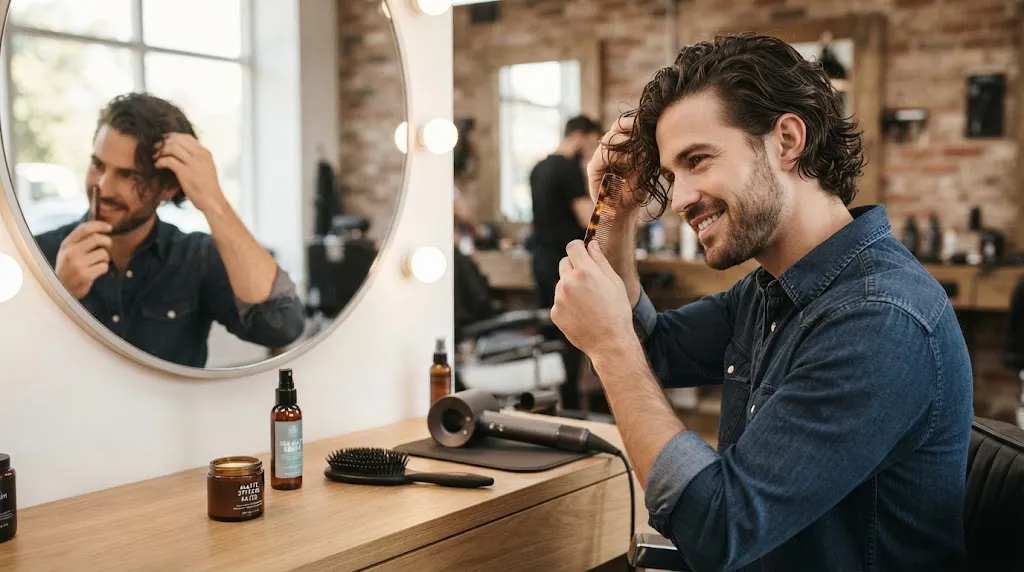 A stylish man with a beard smiling into a lighted mirror while using a comb and professional products for daily hair setting in a barbershop.