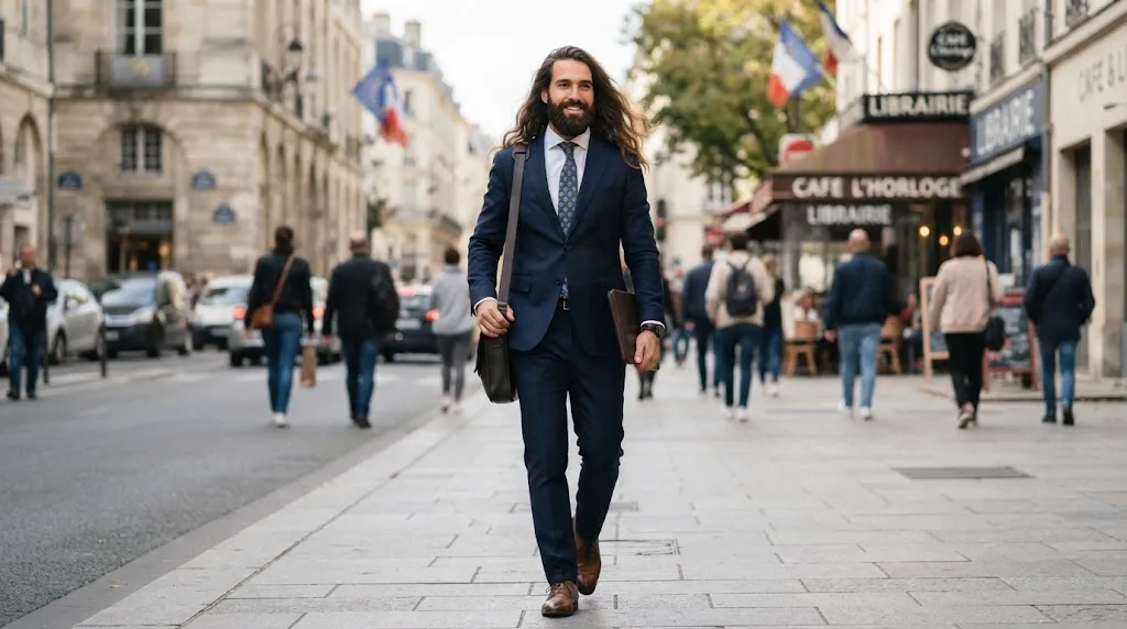 A man with long flowing hair and a sharply styled beard looking groomed and intentional instead of unkempt.