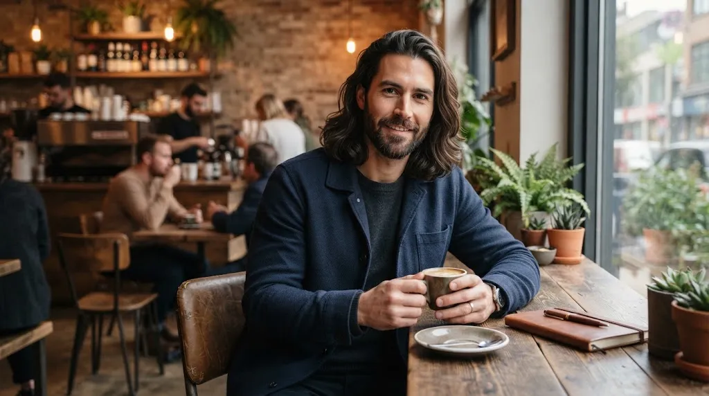 A stylish man showcasing a well-groomed medium beard paired with flowing long hair in a modern setting.