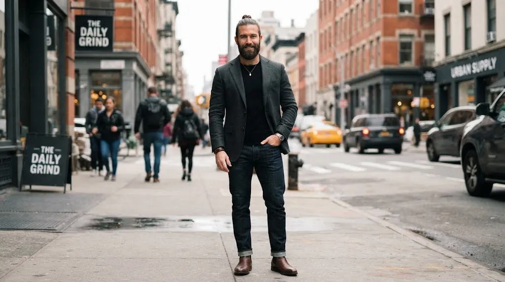 A stylish man showcasing a thick full beard paired with a clean man bun hairstyle for a balanced look.