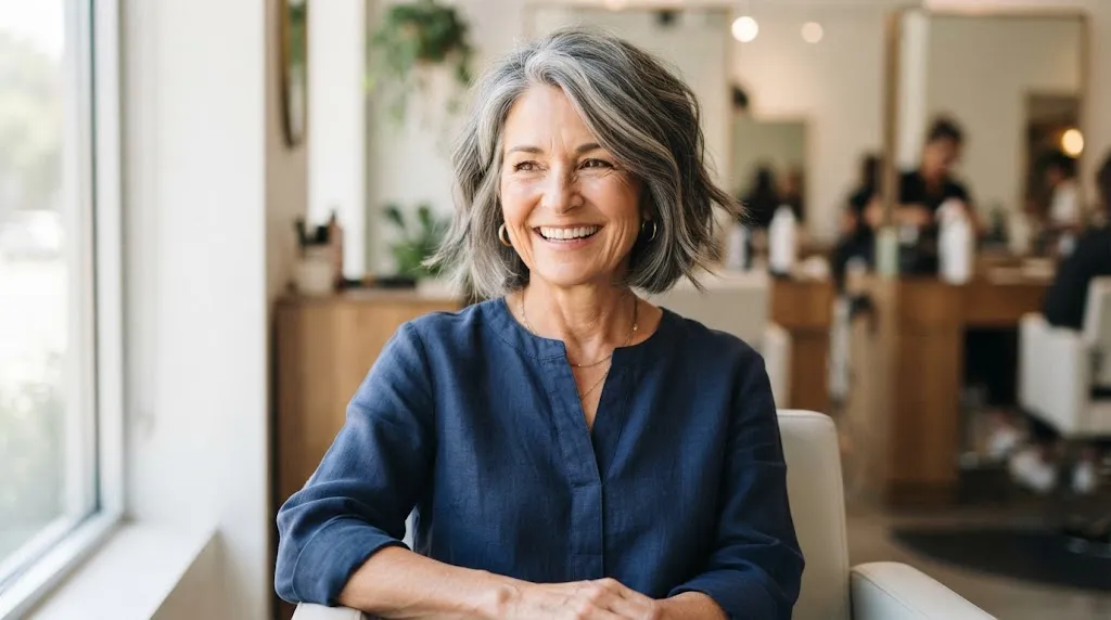 A joyful mature woman in her 50s with a chic, low-maintenance textured grey bob haircut smiling in a salon.