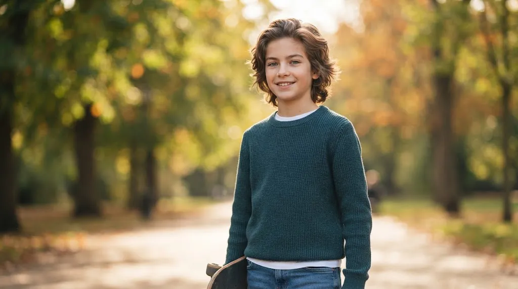 A young boy with medium-length, textured wavy brown hair smiling outdoors in a park holding a skateboard, representing modern 2026 hair trends.
