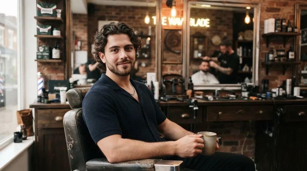 A handsome man with professional medium-length wavy hair in a modern barbershop, showcasing natural wave texture and styling.