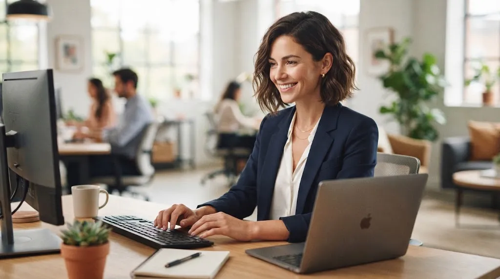 A smiling professional woman in a navy blazer working at a modern desk, showcasing a stylish, low-maintenance wavy textured bob haircut.