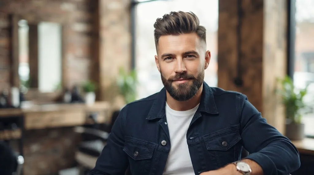 A man with a modern, textured short pompadour haircut and a well-groomed beard, sitting in a barber shop.