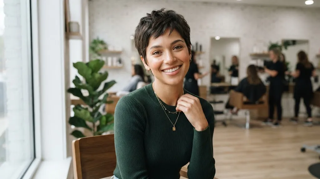 A confident woman with a modern short textured haircut and volume on top to flatter a round face shape