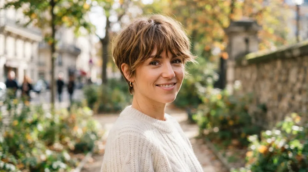 A woman with a trendy, textured Bixie haircut, combining a short pixie length with soft layers and bangs, smiling outdoors in a park.