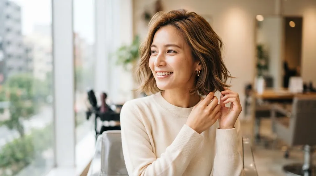 A woman with a beautiful, textured short bob haircut smiling in a salon, perfect for new hair look ideas.