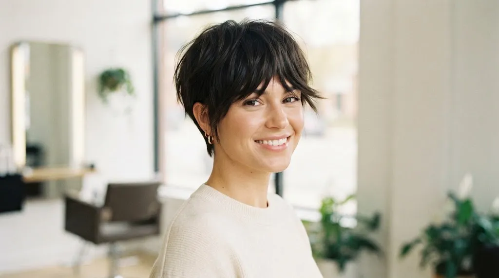 A smiling woman with a modern, textured dark brown Bixie haircut, blending short layers and a fringe in a bright salon setting.
