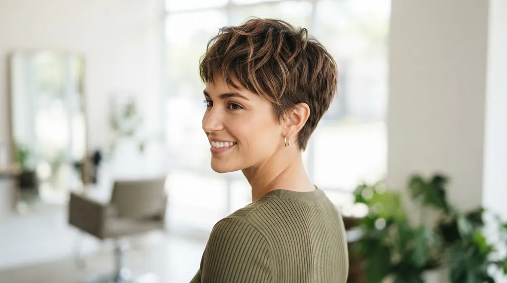 A beautiful woman with a modern, textured brown pixie haircut smiling in a bright salon, showcasing the short, defined style.