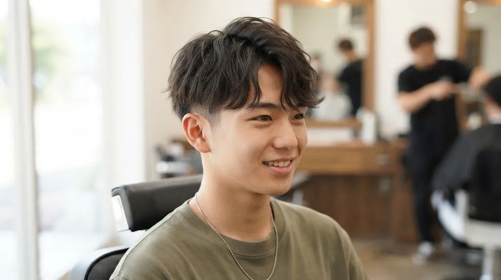 A young Asian man with a modern Two Block haircut, featuring longer textured hair on top and short faded sides, smiling in a barbershop.
