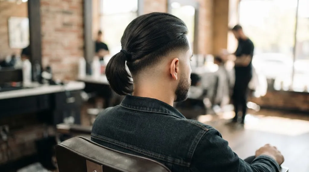 A back-view photograph of a man in a barbershop chair showcasing a precise skin fade undercut paired with a neat medium-length tail hairstyle.