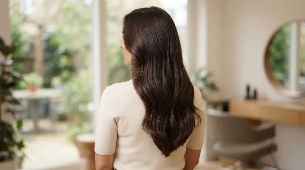 A woman seen from behind with long, dark brown hair styled in a sharp V-Cut, standing in a bright salon.