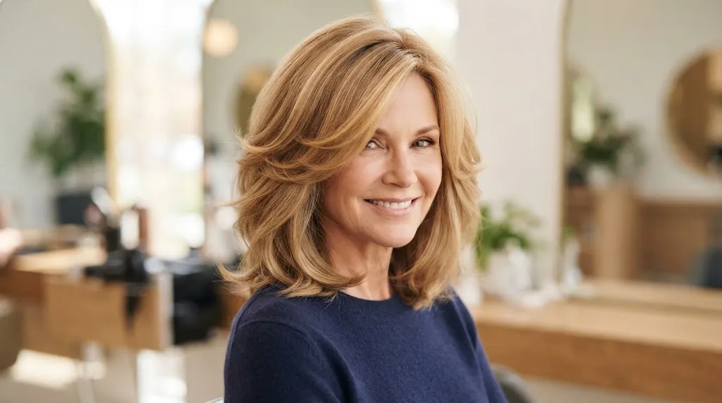 A smiling woman with a voluminous, honey-blonde layered haircut that adds body and lift to her fine, thinning hair.