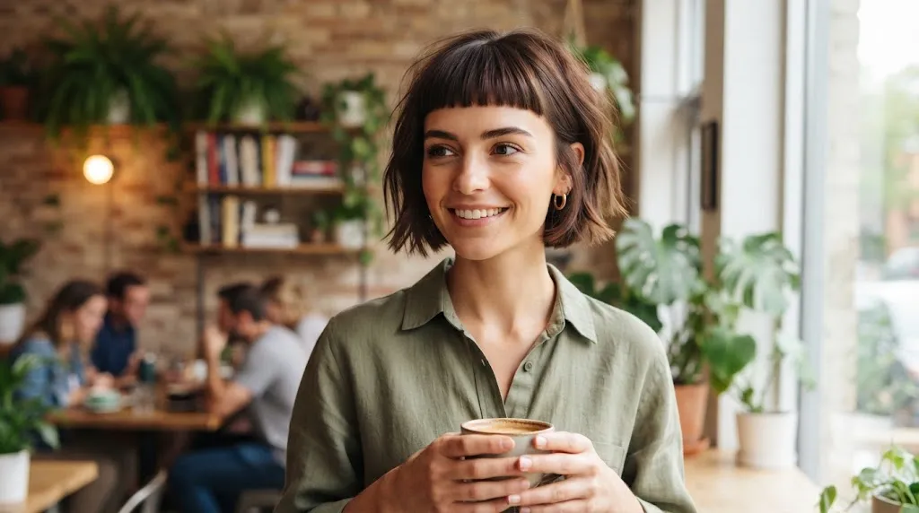 A portrait of a smiling woman in a cafe with a trendy dark brown textured bob and ultra-short micro bangs holding a coffee cup.
