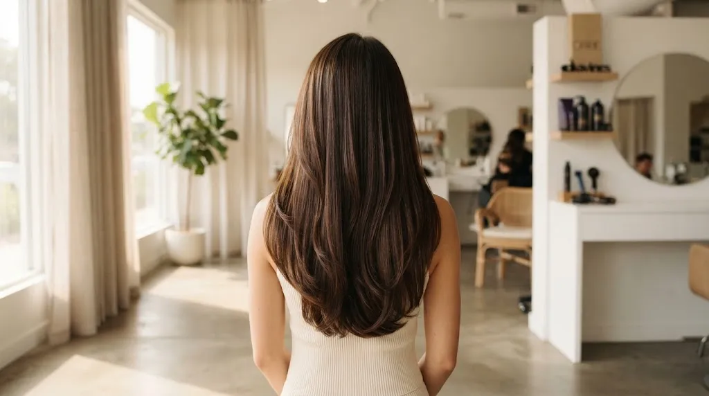 Rear view of a woman with long, healthy hair styled in a subtle U-cut with a soft, rounded curved hemline in a bright salon