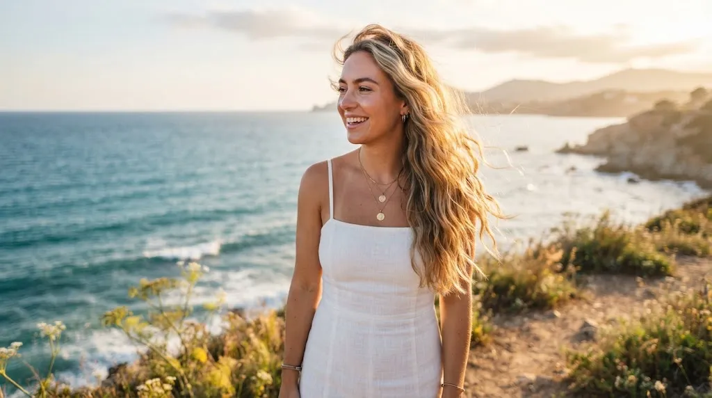 A young woman with sun-kissed long beach waves and effortless summer hairstyle standing in warm golden sunlight outdoors.