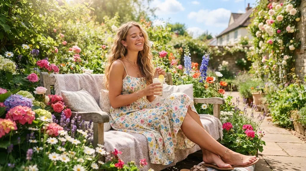 A woman with long wavy hair enjoying a sunny summer day outdoors, showcasing cool and heat-friendly hairstyles for long hair.