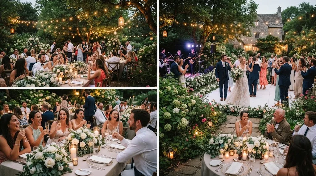 An elegant outdoor summer wedding celebration featuring a groom with a weather-appropriate hairstyle suited for humid conditions.