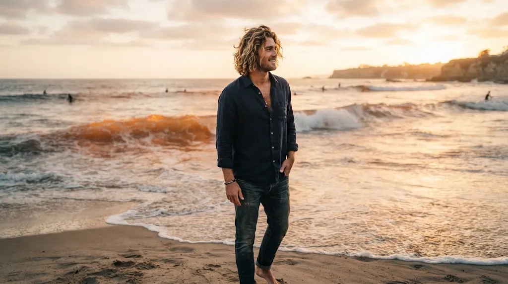 Stylish man with a textured surfer cut and wavy layers standing on a scenic beach at sunset