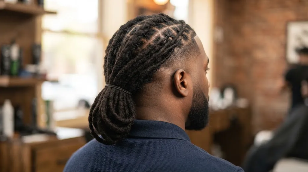 Back-angle close-up of a Black man with neat locs gathered into a low tail and sharp faded sides