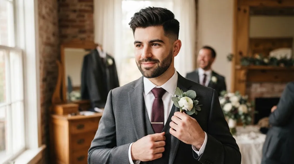 A handsome groom showcasing a clean taper fade haircut and styled hair with a neat beard on his wedding day