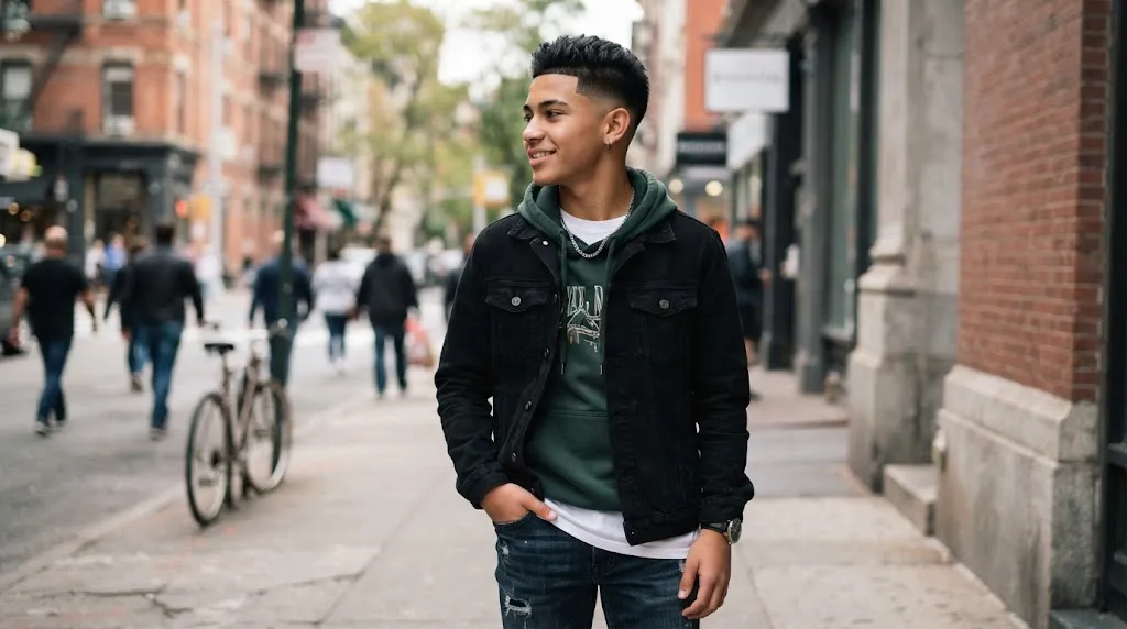 Teen boy with a stylish taper fade undercut haircut and textured top in natural daylight