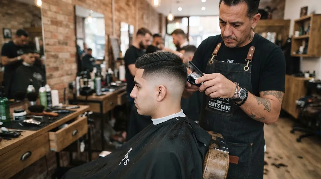 Professional barber cutting a man's hair to demonstrate the clean side gradient differences between a taper and a fade haircut