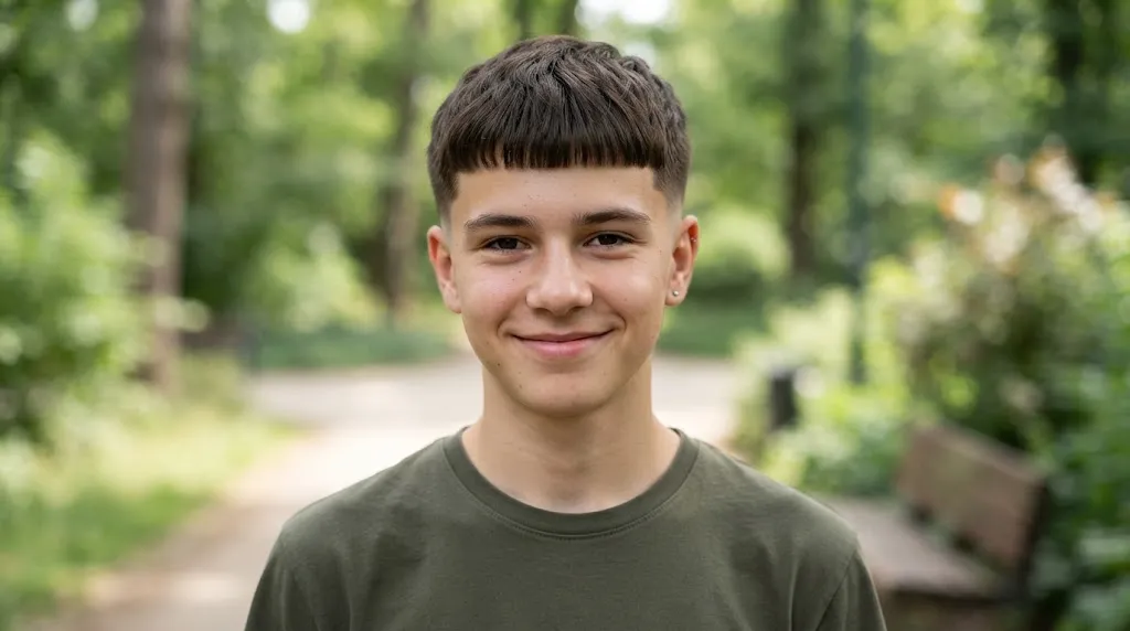 Teen boy showing a clean French crop haircut with a neat front fringe in natural daylight