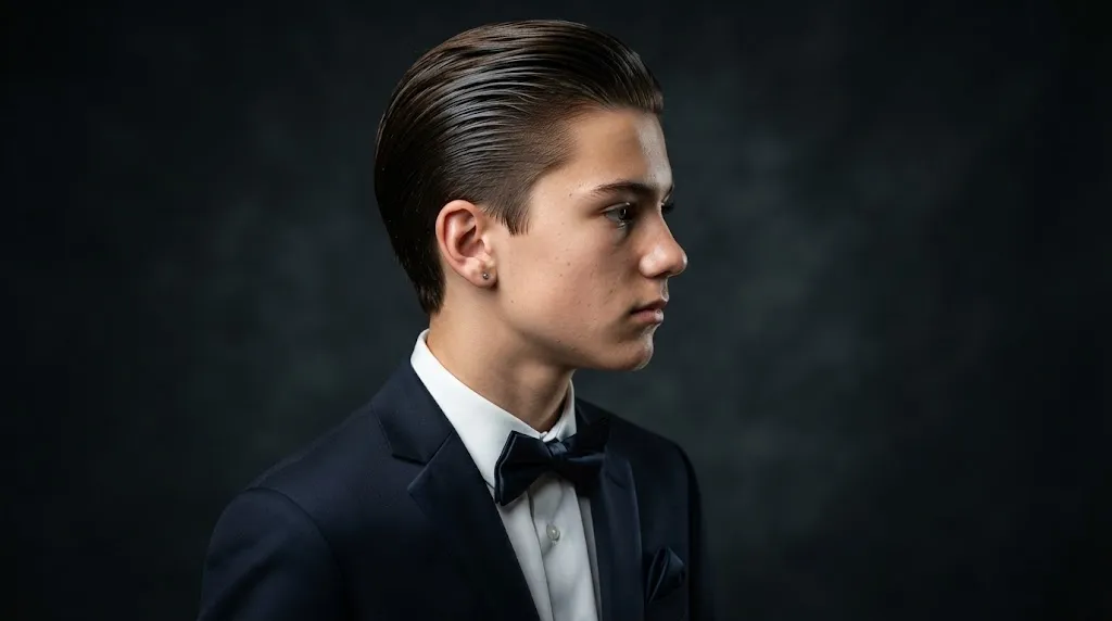 Side profile of a teenage boy with a polished slick back hairstyle and visible shine for formal occasions