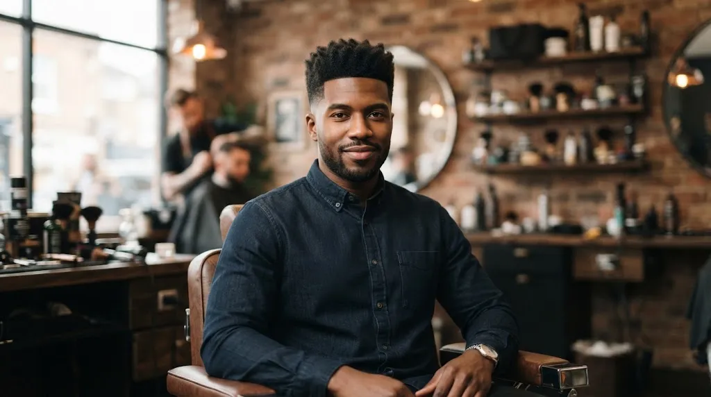 A stylish man showcasing a modern textured box cut hairstyle with a structured top and clean tapered sides.