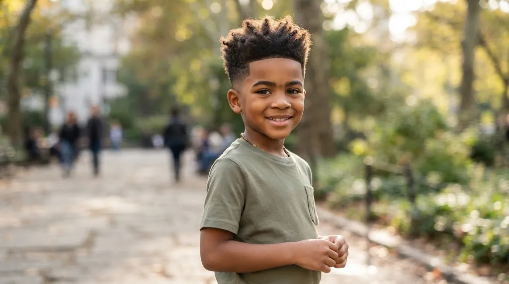 A young boy showcasing a stylish textured box cut hairstyle with clean tapered sides and natural movement on top.