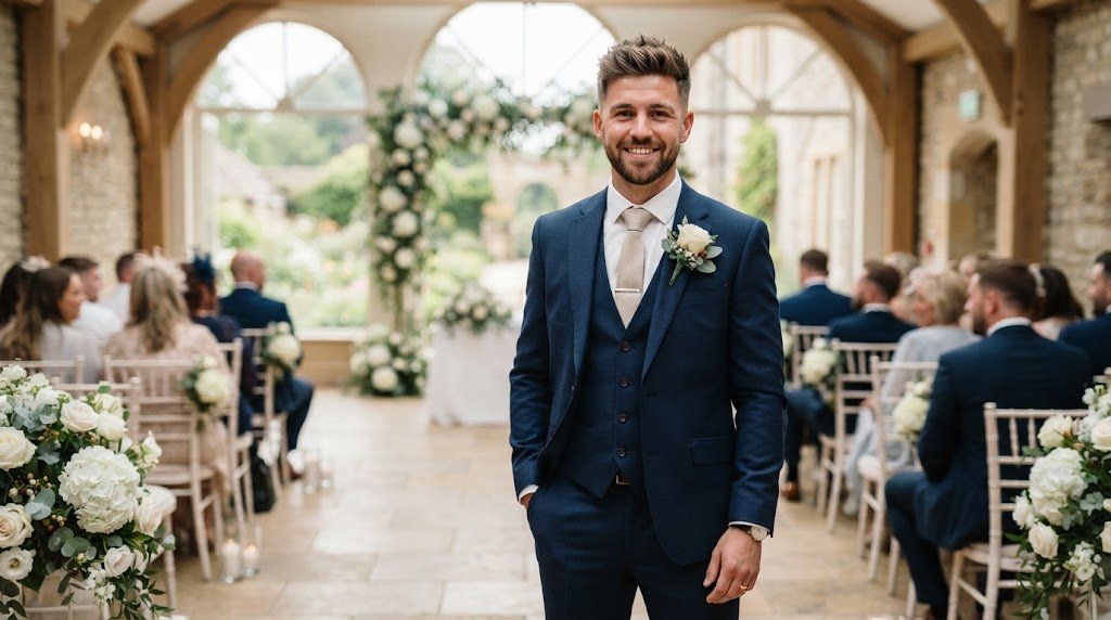 Modern textured crop groom hairstyle with a clean fade and stylish wedding suit for a contemporary look