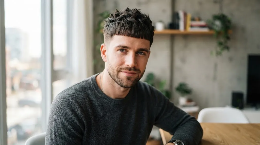 A man with a clean textured crop haircut featuring choppy layers and a blunt fringe for men