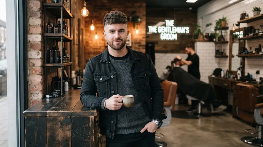 A stylish man showcasing a modern textured crop and undercut hairstyle with a clean skin fade in a professional barbershop