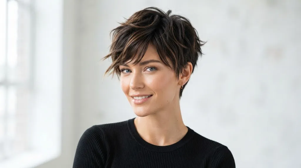 A stylish, high-definition close-up of a textured short pixie crop haircut with defined ends and root lift.