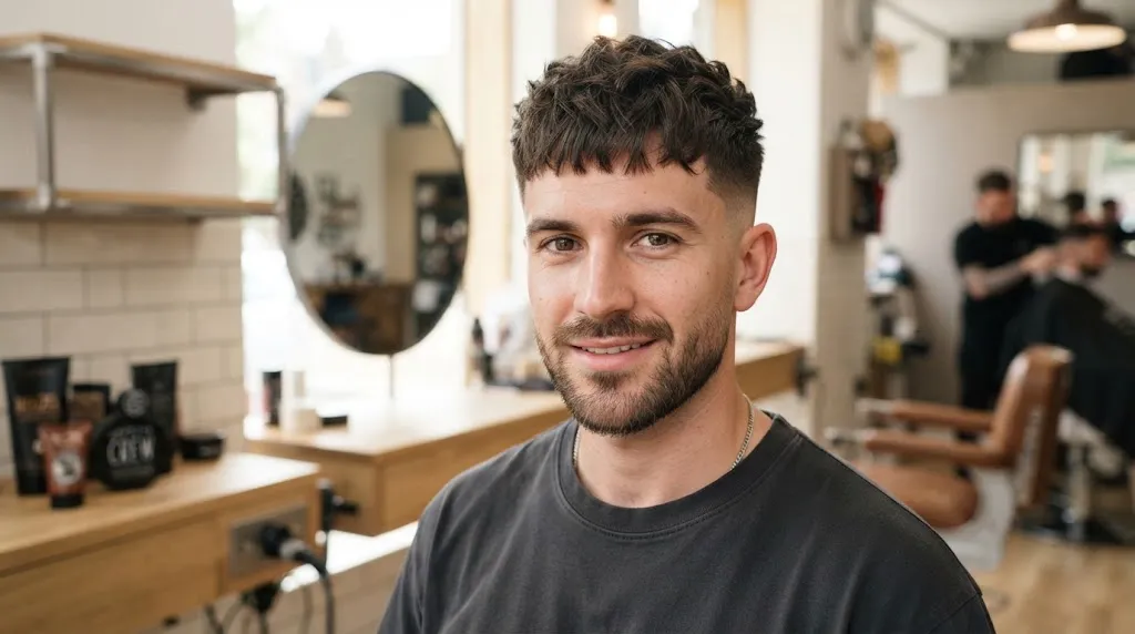 Close-up of a man with a modern textured French crop haircut and fringe styling designed to balance a wide forehead.