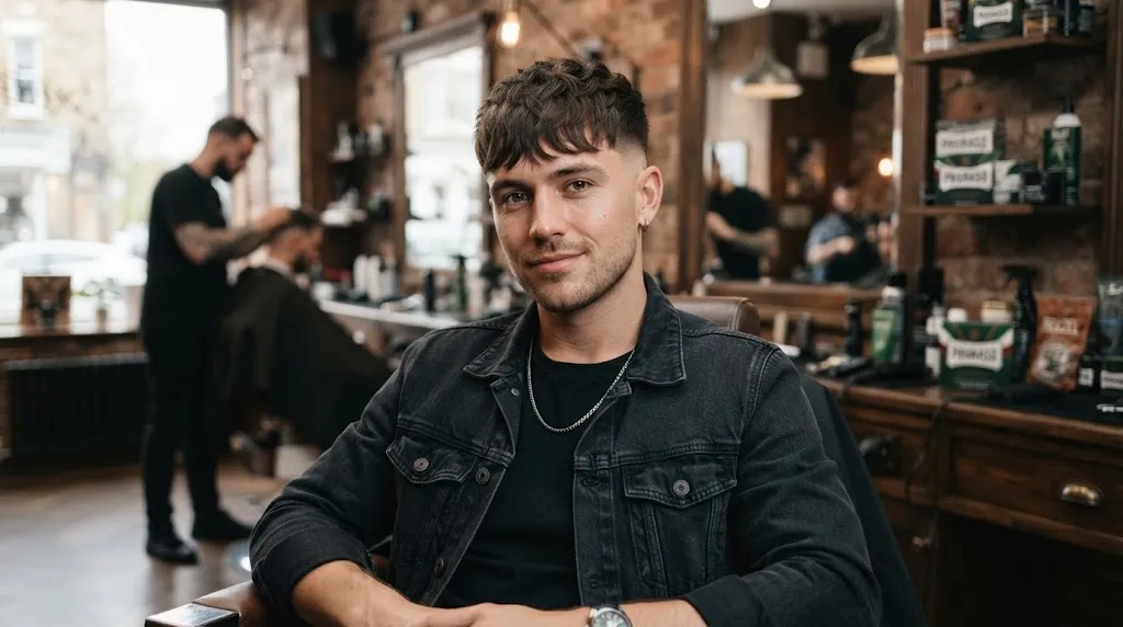 Modern textured fringe haircut with soft forward movement for men