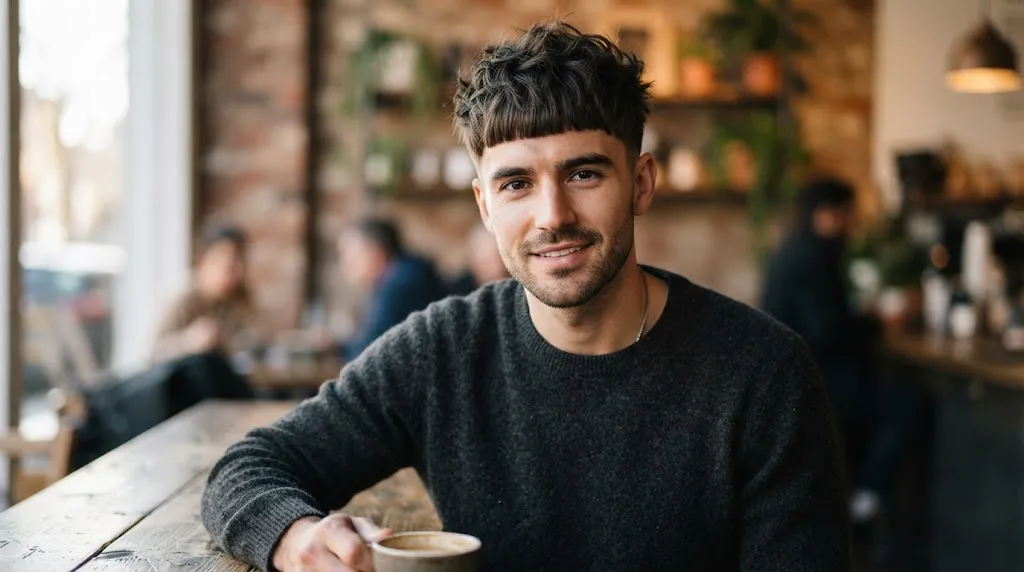 A stylish man showcasing a textured fringe haircut with short choppy layers on top and a blunt fringe