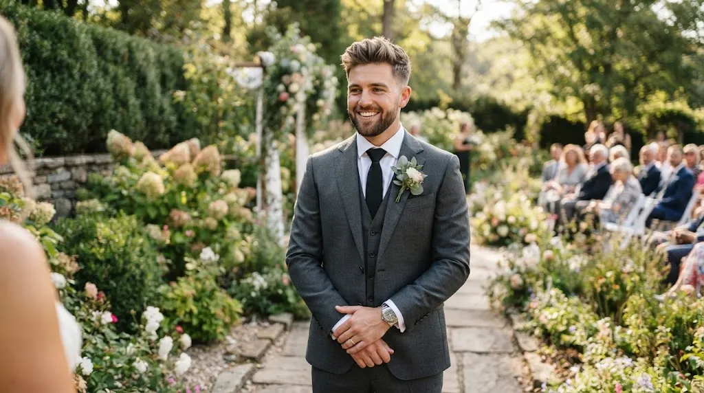Modern groom with a stylish textured quiff haircut and sharp wedding suit in an elegant setting