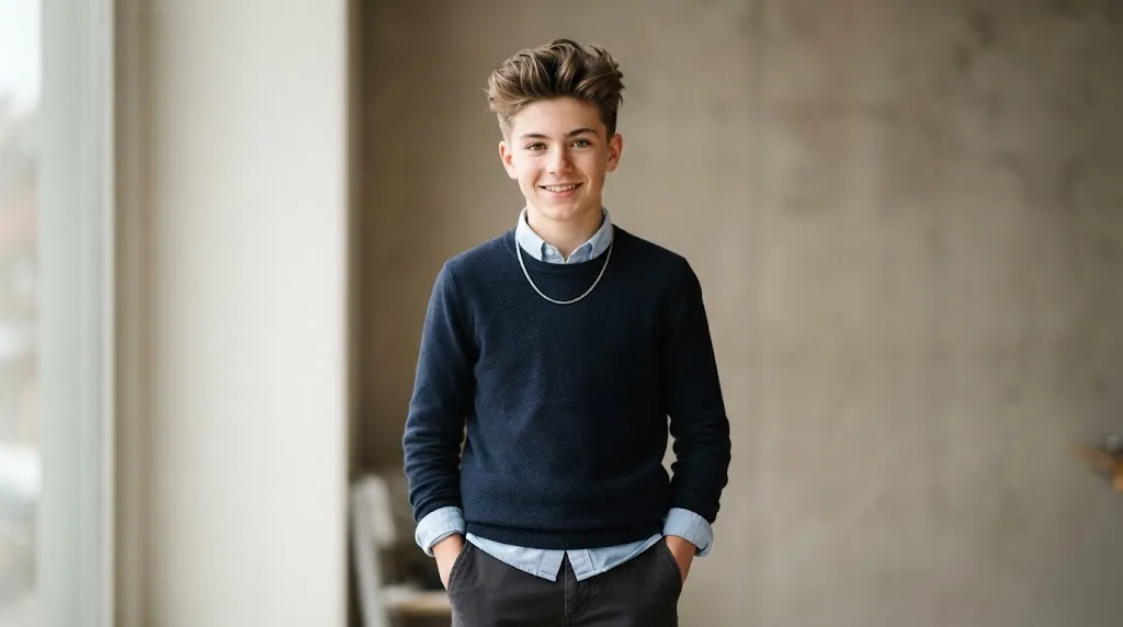 Teen boy with a stylish textured quiff haircut featuring volume on top and natural smart-casual styling