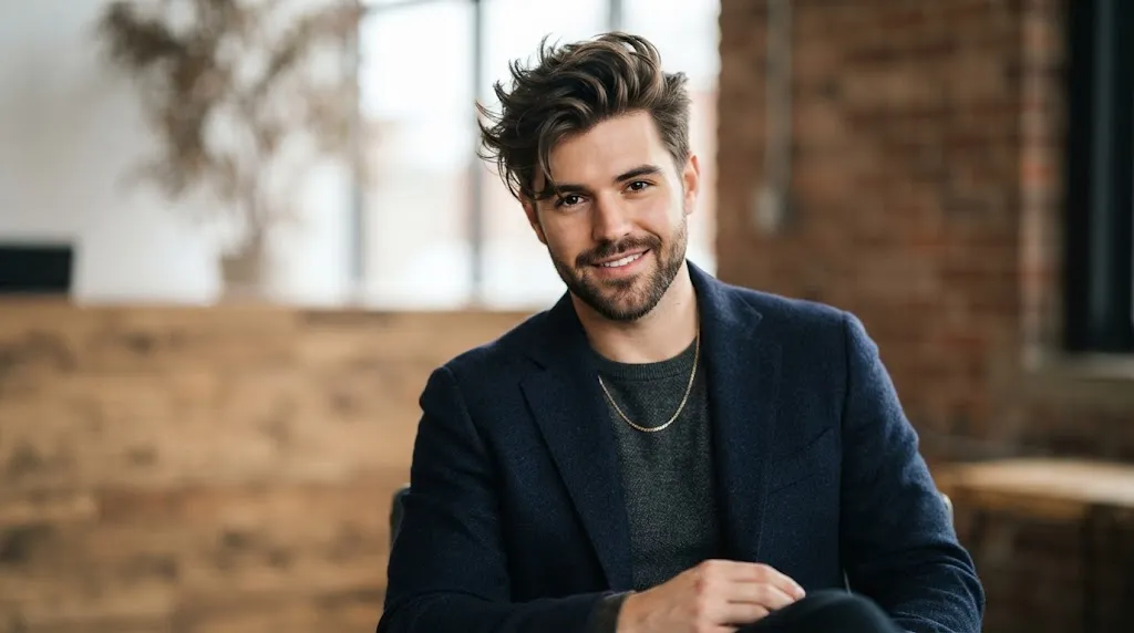 A man showcasing a modern textured quiff hairstyle with soft sides to balance a wide forehead