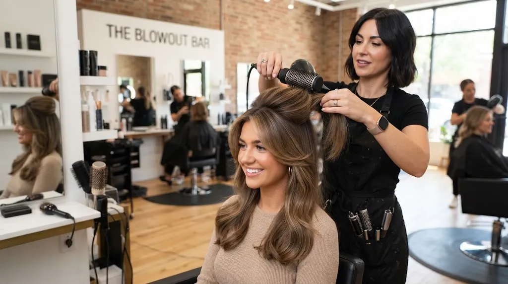 Professional hairstylist applying the 3:2:1 hair volume rule with crown lift and sleek nape styling