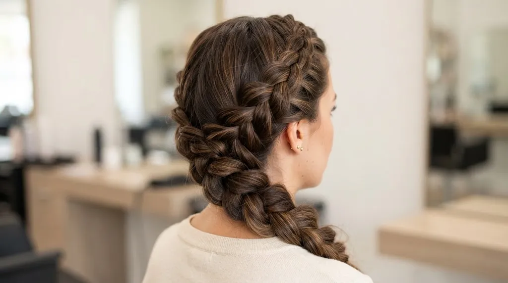 Close-up view of a long brown hair styled in a secure anchored Dutch wrap braid crown keeping strands neat.