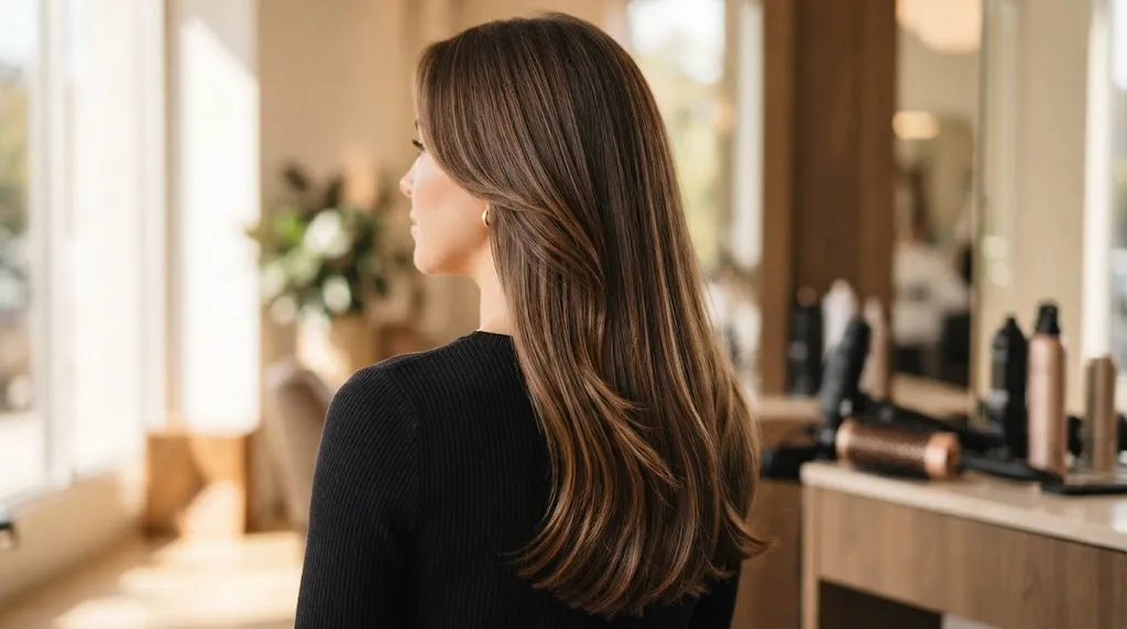A woman with beautifully styled layered hair in a professional salon setting, illustrating healthy ends and natural movement during the hair grow-out phase.