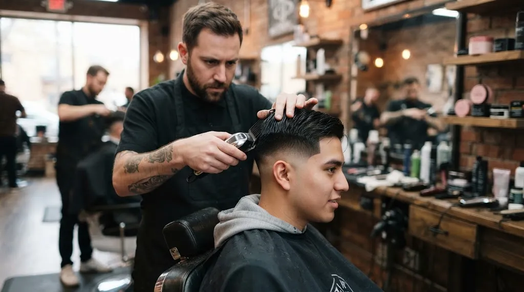 Professional barber cutting a client's hair to show the difference between a normal slope haircut and a fade