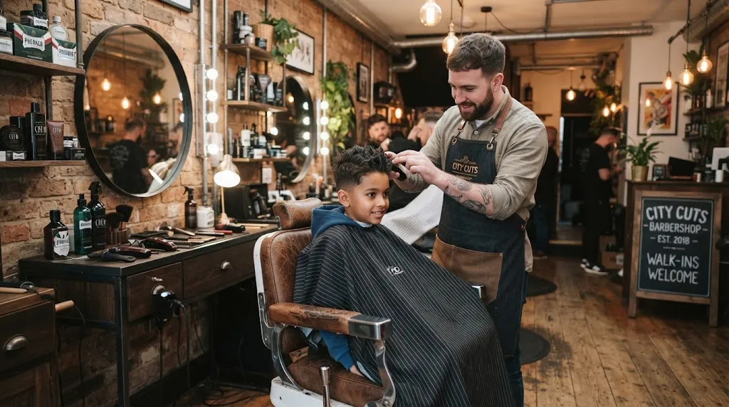 A stylish young boy getting a trending textured crop haircut in a professional modern barbershop