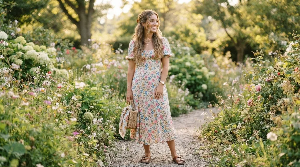 A woman wearing a floral frock with long hair styled in a half-up claw clip twist for a chic everyday look