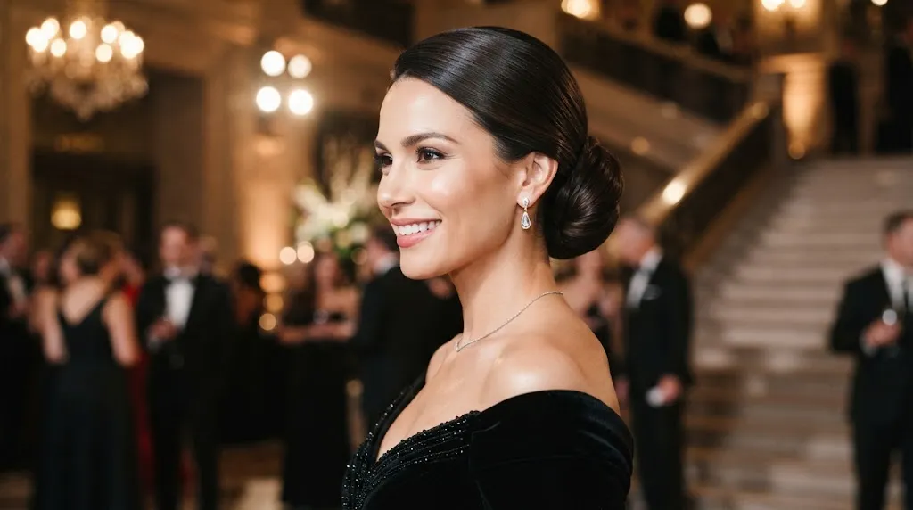 A sophisticated model showcasing a polished low chignon and formal hairstyle with clean structure for a black-tie gala